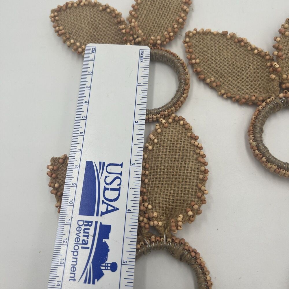4 Nicole Miller Napkin Ring Easter Bunny Ears Beaded Burlap Tan Set Shabby Chic - Picture 7 of 9